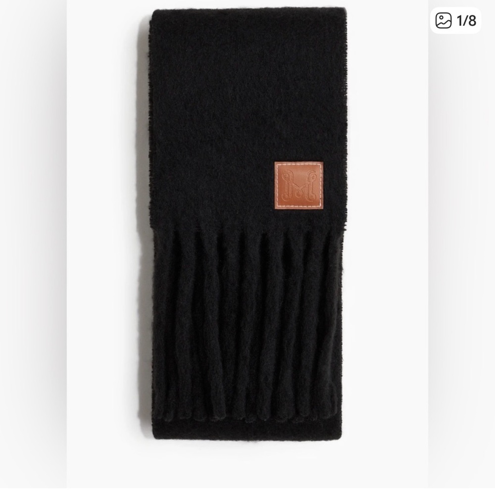 H&M Black Soft Fringe Scarf Faux Wool Monogram Patch